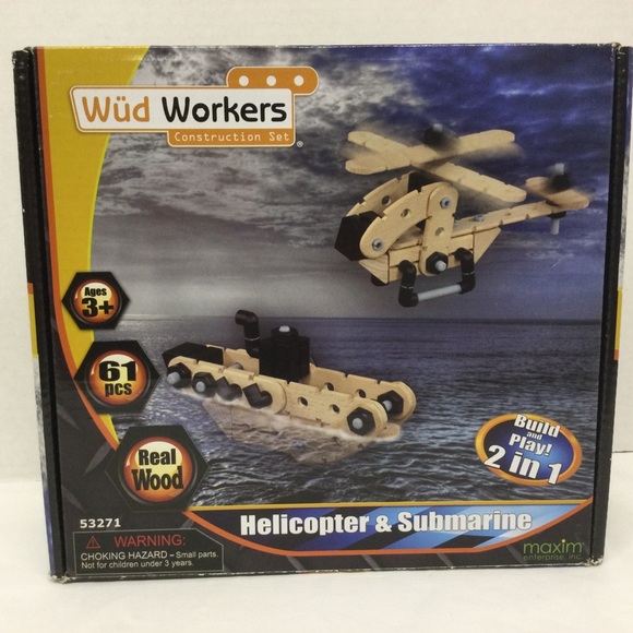 MAXIM WUD WORKERS WOODEN TOY CONSTRUCTION SET HELICOPTER & SUBMARINE NIB… - Picture 1 of 7